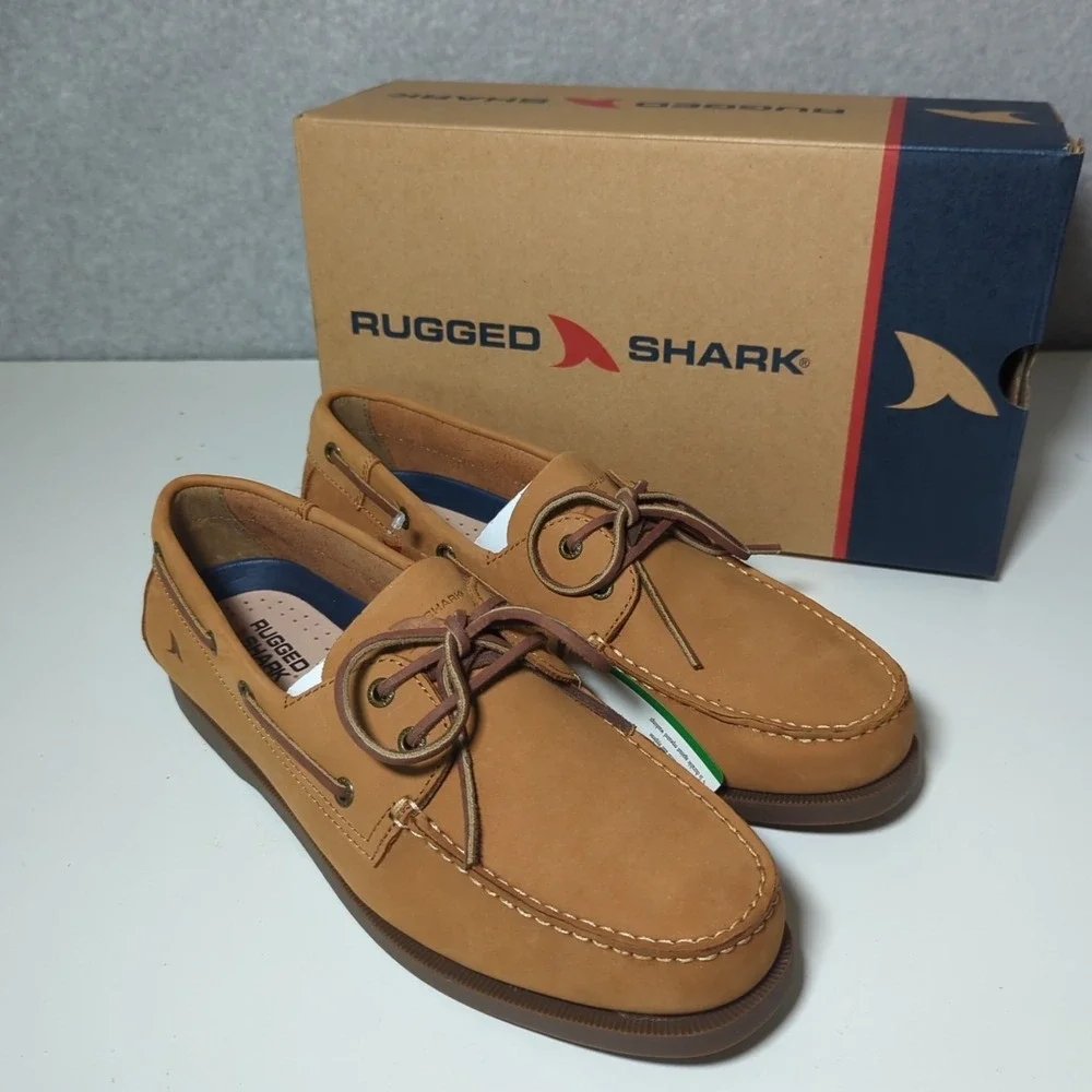 NEW Rugged Shark Mens Classic Boat Shoes Tan Beige Genuine‎ Leather 11.5